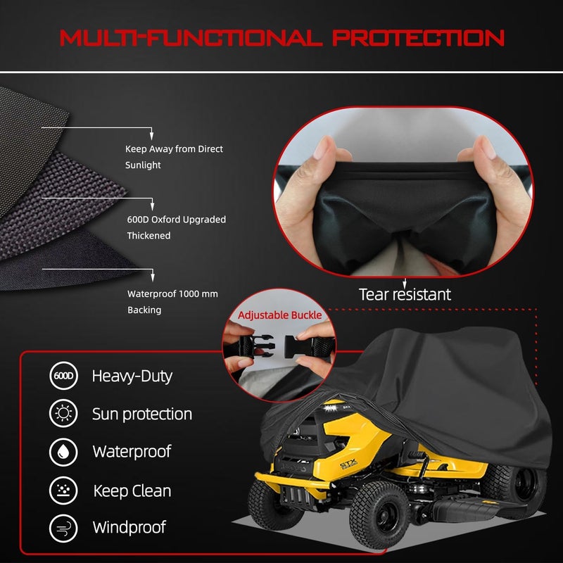 OWEEIO Lawn Mower Cover, Heavy Duty 600D Oxford, Waterproof Outdoor, Weather Resistant, Rip-Proof, Anti-UV, Raing-proof, Sun Block, Heatresistant with 1 Windproof Strap, 1 Storage Bag (Riding) - Image 2